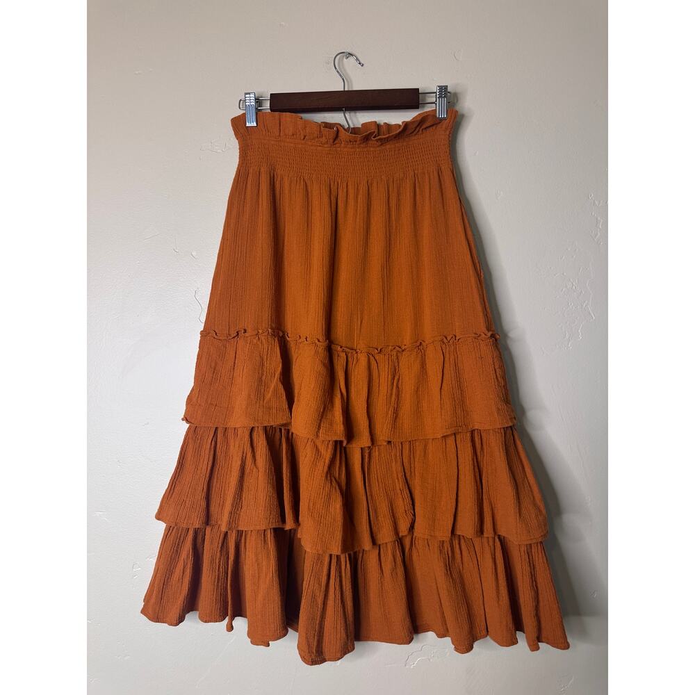 Free People Burnt Orange Gauze Crop Top Skirt Set Ruffle Midi Boho Size Large - Picture 4 of 8
